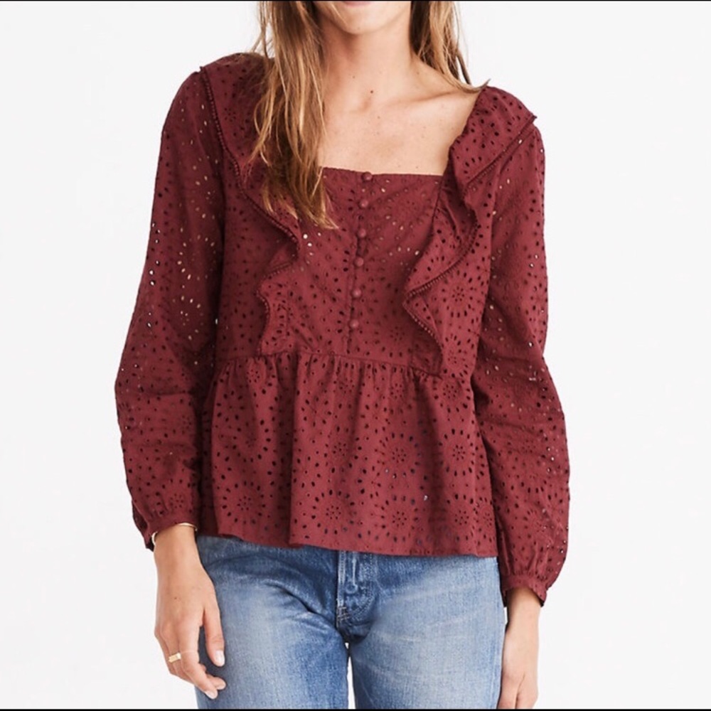 Madewell Burgundy Eyelet Pom Pom Ruffle Top Shirt M